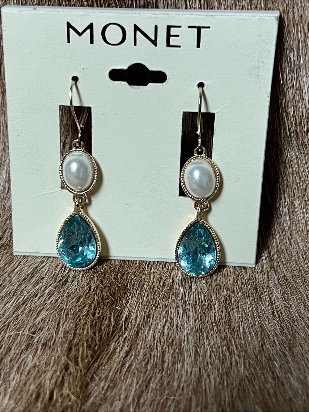 Monet Gold-Tone Earrings with Pearl and Aqua Teardrop Crystal